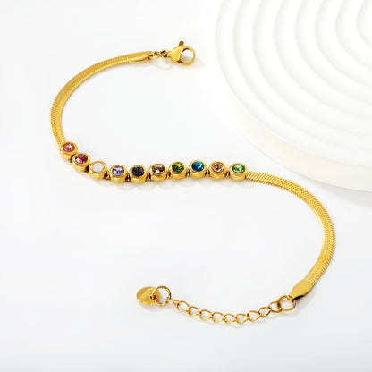 18K Gold Plated Multicolor CZ Crystal Snake Chain Bracelet | Stainless Steel Adjustable Waterproof Bracelet | Wholesale Colorful Jewelry for Women