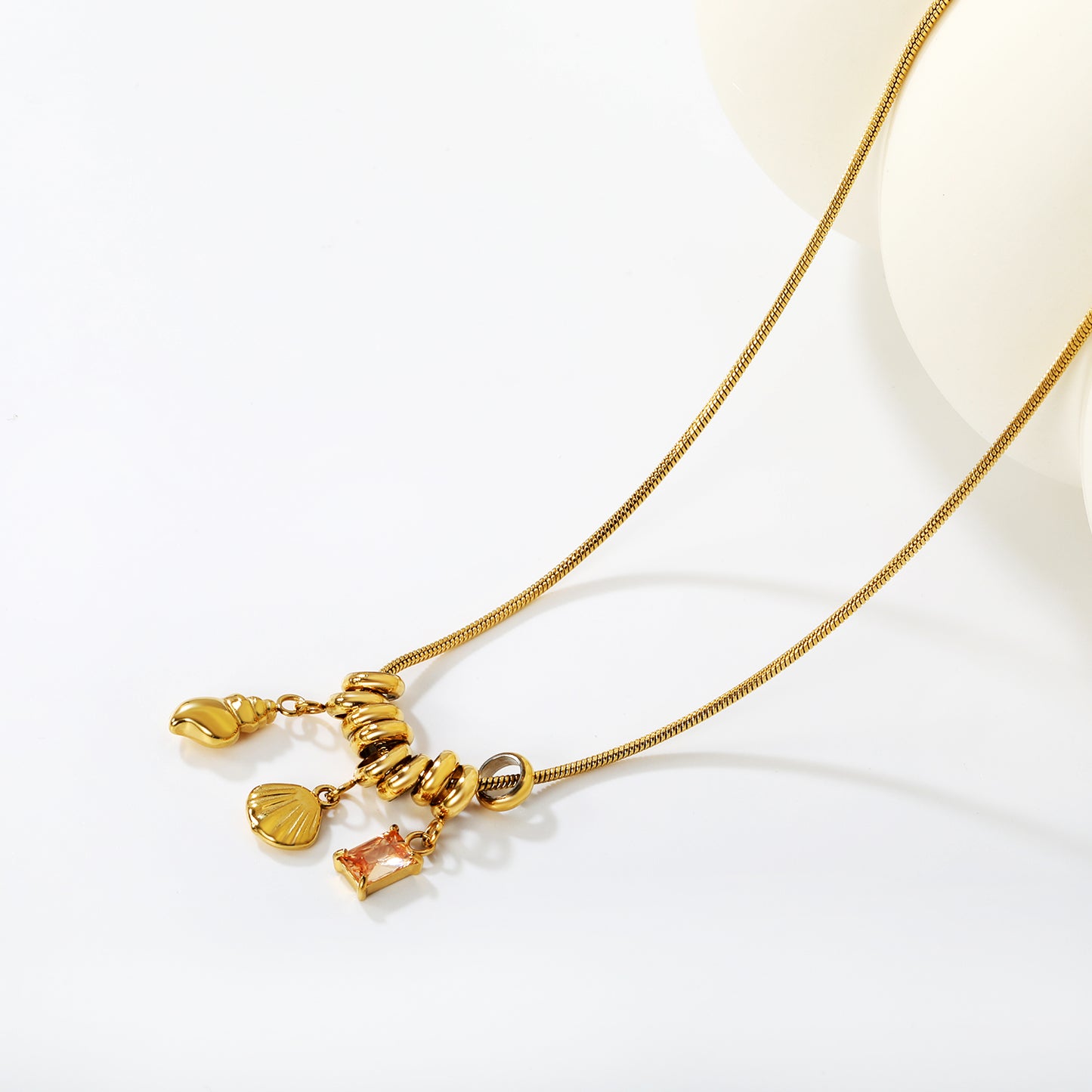 18K Gold Plated Shell Conch Charm Necklace | Stainless Steel Pink Crystal Pendant Necklace | Waterproof Beach Jewelry for Women