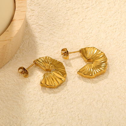 Stainless Steel Textured C Hoop Earrings | 18K Gold Plated Fan Pattern Jewelry