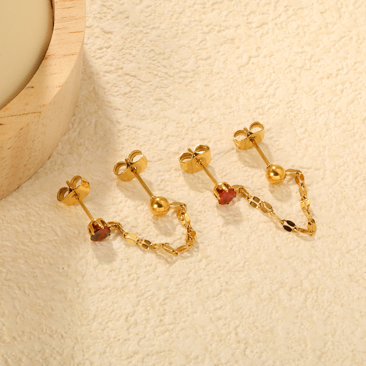 Stainless Steel Red CZ Chain Drop Earrings | 18K Gold Plated Double Piercing Jewelry