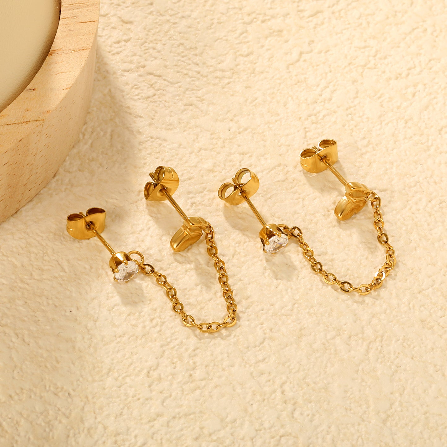 Gold Two Hole Butterfly Chain Earrings with Clear Crystal | Hypoallergenic Dangle Accessories