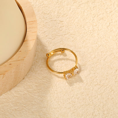 Bow Inspired Double Heart Ring | Stainless Steel Gold Open Ring Hypoallergenic waterproof ring