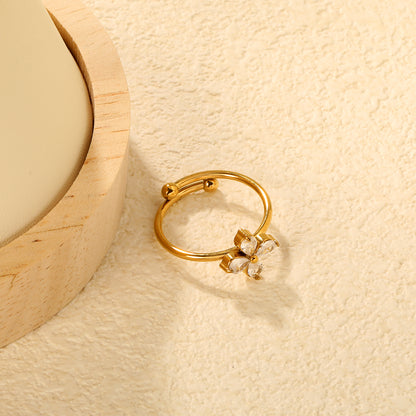 Delicate CZ Flower Charm Ring | Gold Plated Adjustable Open Band Stainless steel flower ring