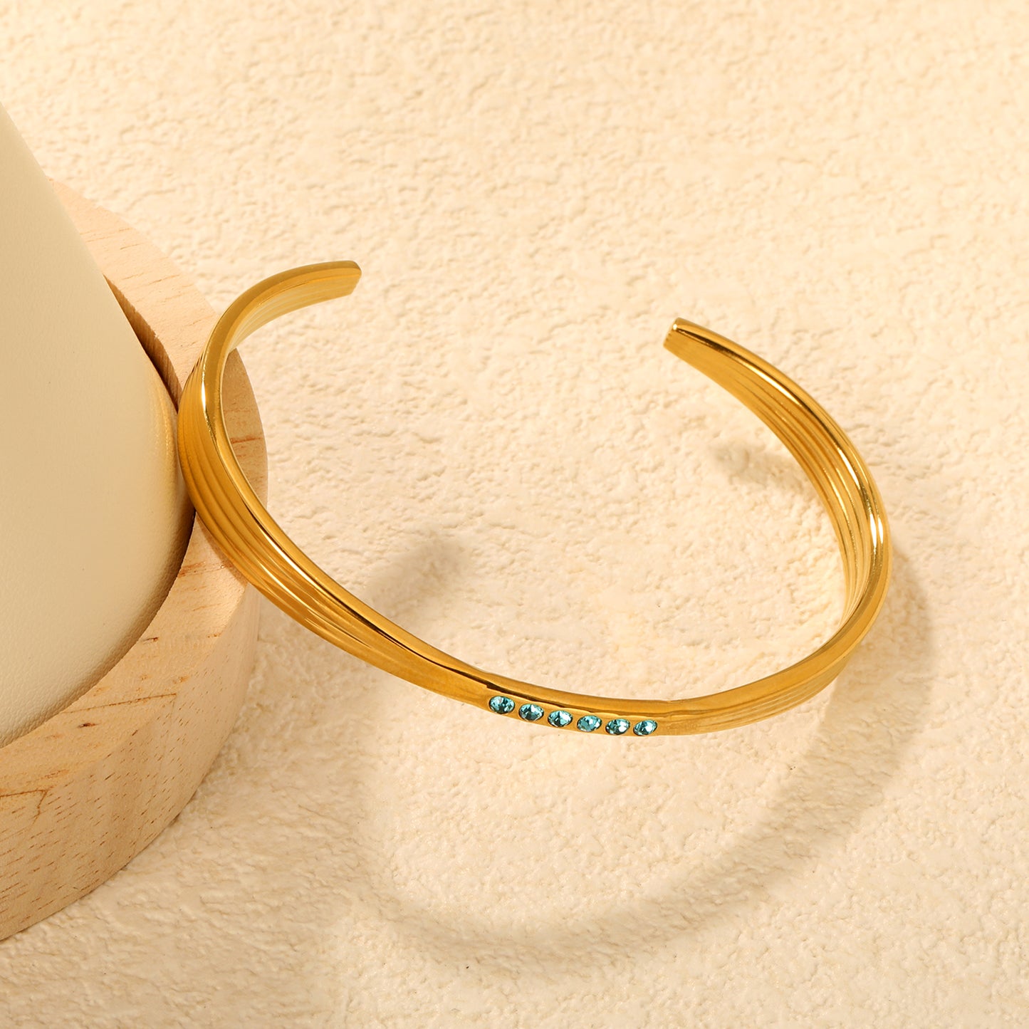 18K Gold Plated Blue CZ Crystal Cuff Bangle | Stainless Steel Ribbed Open Bracelet | Wholesale Waterproof Jewelry for Women