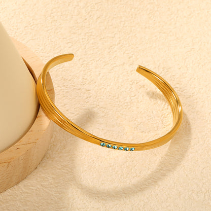 18K Gold Plated Blue CZ Crystal Cuff Bangle | Stainless Steel Ribbed Open Bracelet | Wholesale Waterproof Jewelry for Women