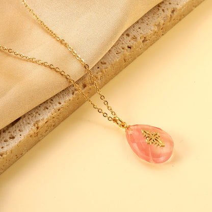 Pink Teardrop Stone with Gold Pattern Pendant 13.4*18.8mm Necklace 40+5cm Golden