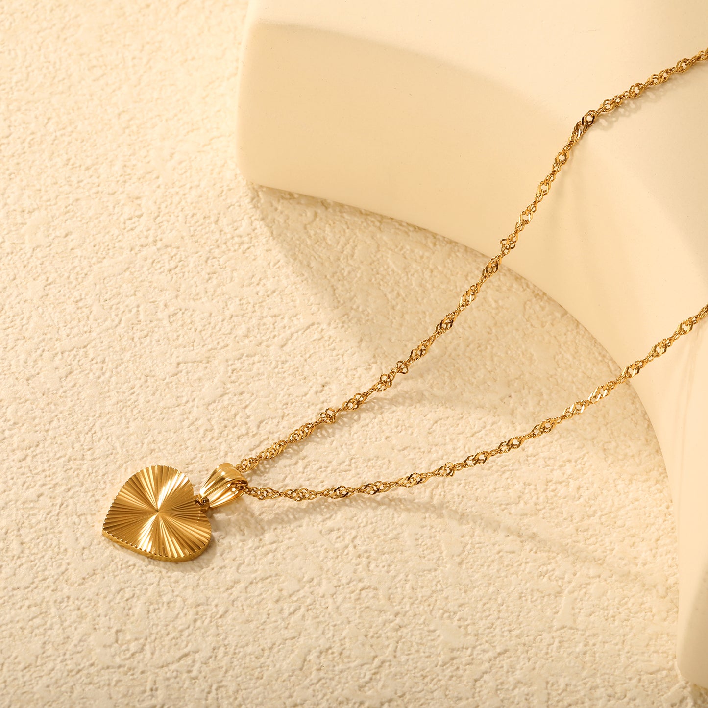 Wholesale Gold Tone Stainless Steel Heart Pendant Necklace – Sunburst Cut Finish, Waterproof Hypoallergenic