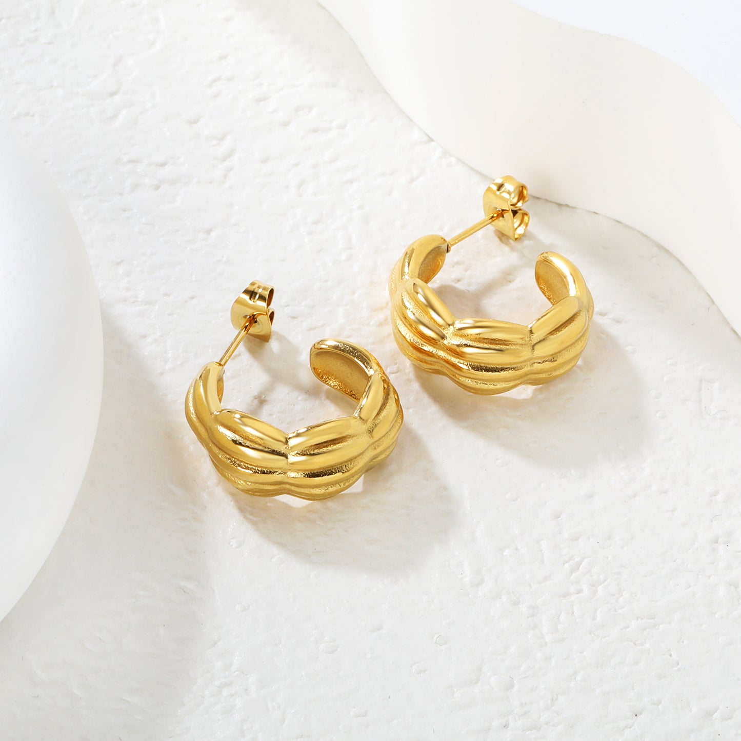 Waterproof C-Shape Twisted Earrings | Hypoallergenic Curved Hoop Earrings |  Stainless Steel