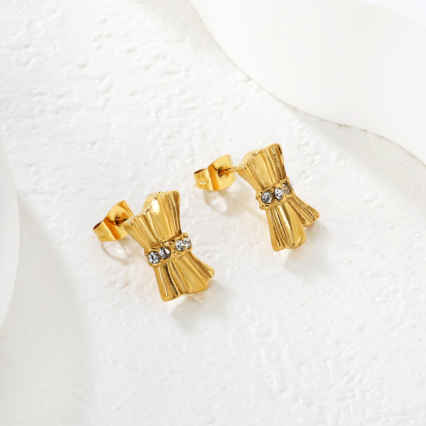Gold Textured Bow Earrings with Clear CZ | Hypoallergenic Waterproof Statement Studs