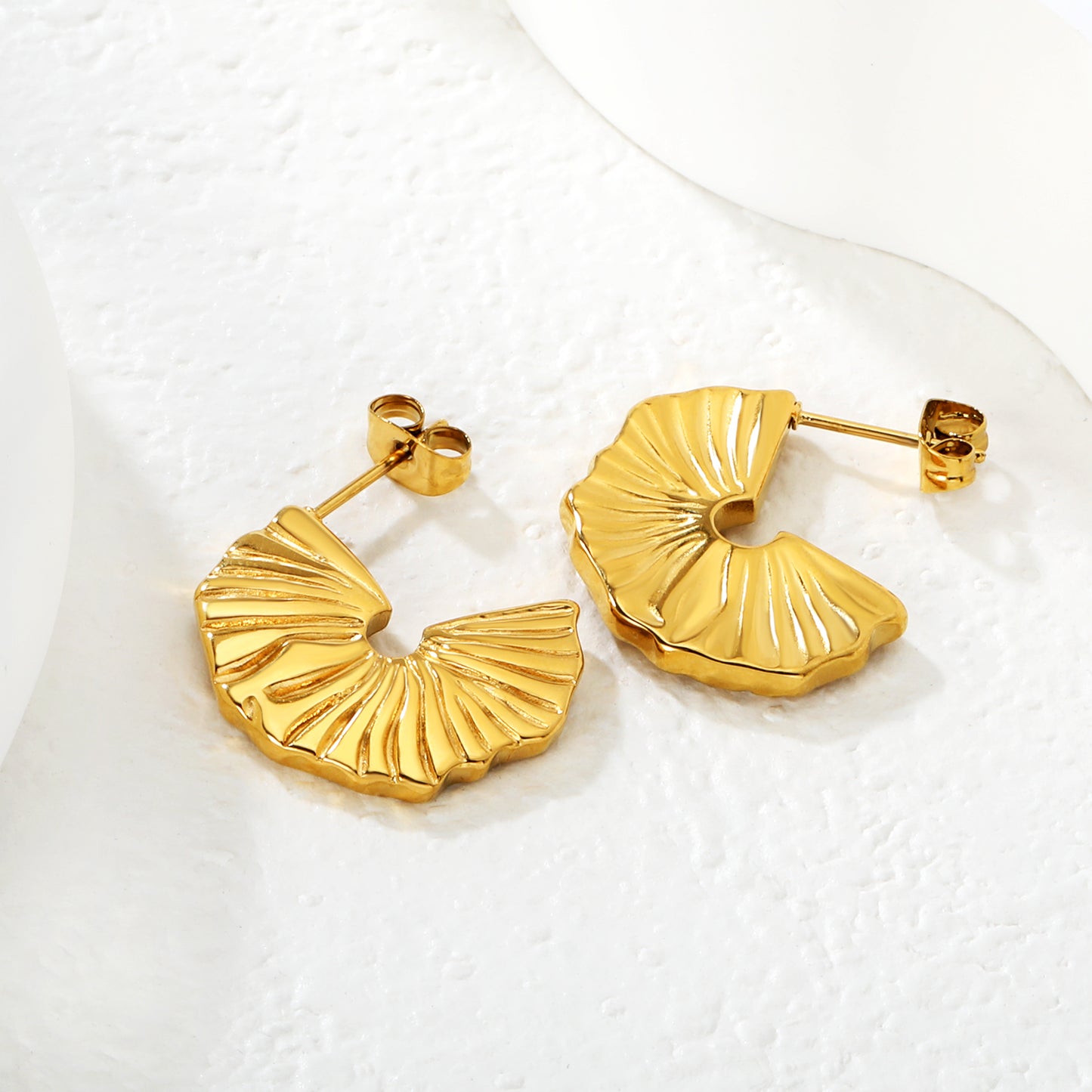 Stainless Steel Textured C Hoop Earrings | 18K Gold Plated Fan Pattern Jewelry