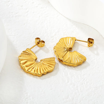 Stainless Steel Textured C Hoop Earrings | 18K Gold Plated Fan Pattern Jewelry