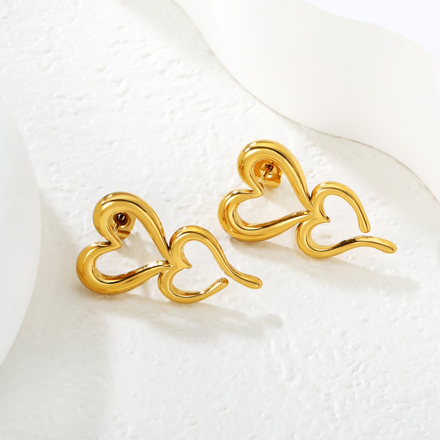18k Gold Plated Double Heart Drop Earrings | Stainless Steel Dangle Jewelry