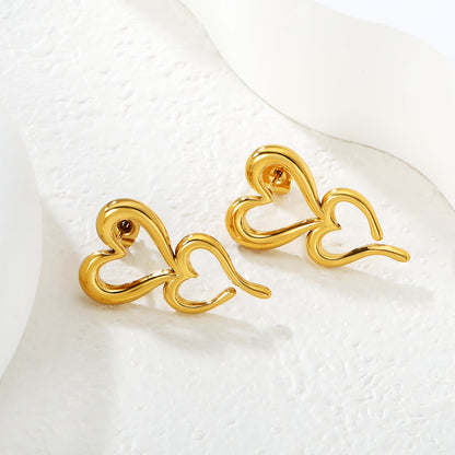18k Gold Plated Double Heart Drop Earrings | Stainless Steel Dangle Jewelry