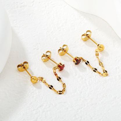 Stainless Steel Red CZ Chain Drop Earrings | 18K Gold Plated Double Piercing Jewelry