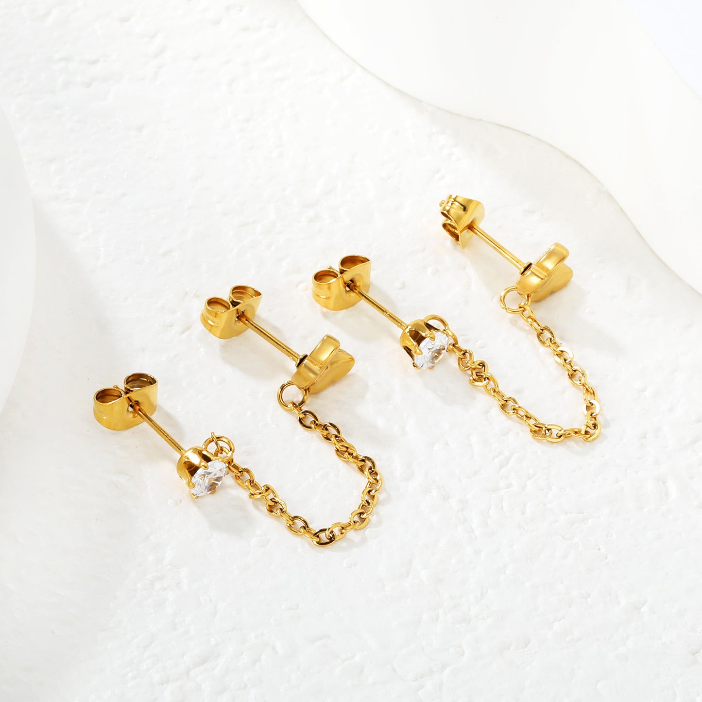 Gold Two Hole Butterfly Chain Earrings with Clear Crystal | Hypoallergenic Dangle Accessories