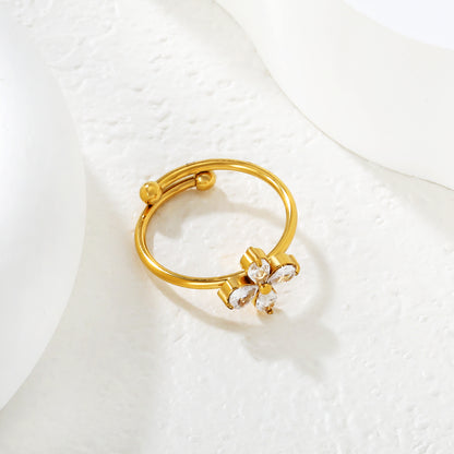 Delicate CZ Flower Charm Ring | Gold Plated Adjustable Open Band Stainless steel flower ring