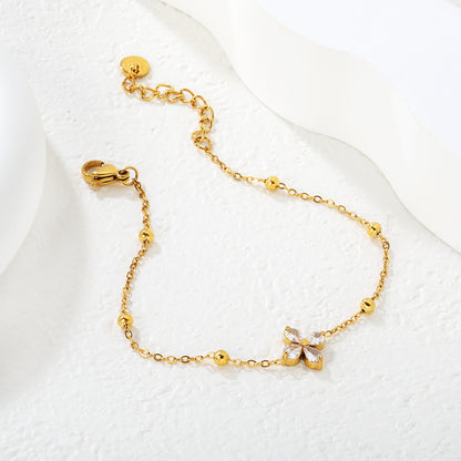 Stainless Steel CZ Flower Charm Bracelet | 18K Gold Plated Beaded Chain Jewelry