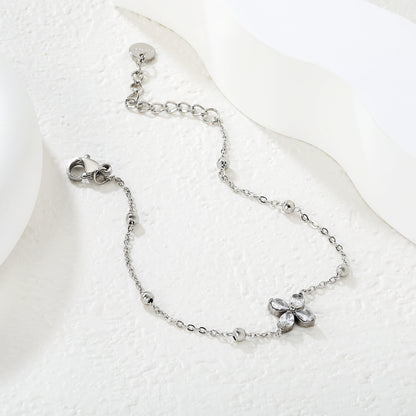 Stainless Steel CZ Flower Charm Bracelet | 18K Gold Plated Beaded Chain Jewelry