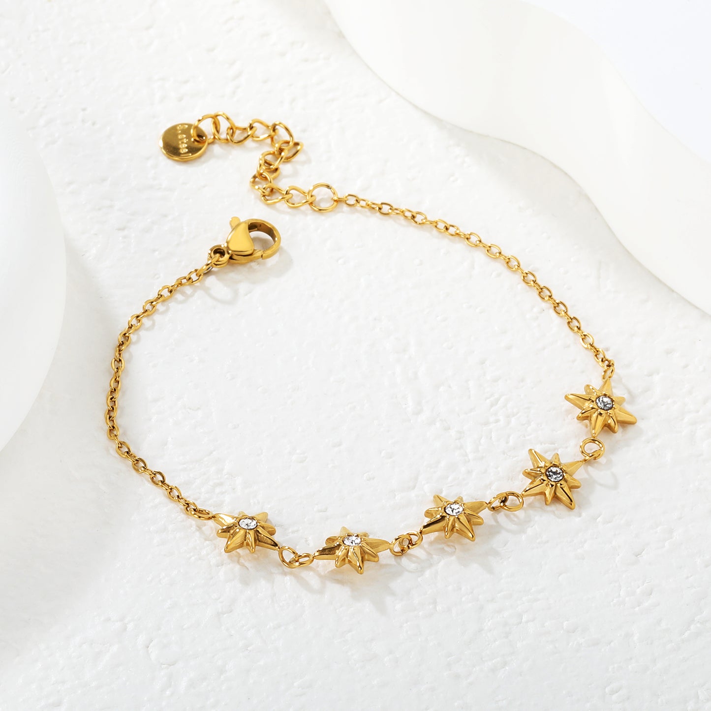 18K Gold Plated Starburst CZ Charm Bracelet | Stainless Steel Adjustable Waterproof Bracelet | Wholesale Celestial Jewelry for Women