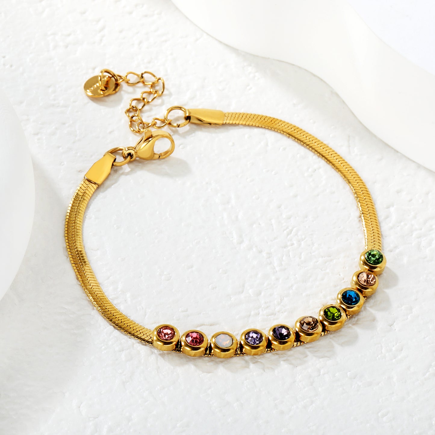 18K Gold Plated Multicolor CZ Crystal Snake Chain Bracelet | Stainless Steel Adjustable Waterproof Bracelet | Wholesale Colorful Jewelry for Women