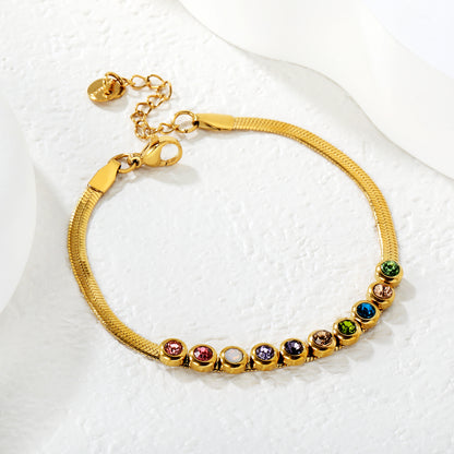 18K Gold Plated Multicolor CZ Crystal Snake Chain Bracelet | Stainless Steel Adjustable Waterproof Bracelet | Wholesale Colorful Jewelry for Women