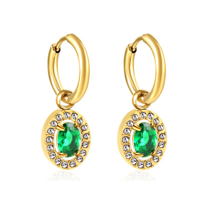2x14.3mm Circle with Oval White&Red&Pink&Blue&Green Diamonds+White Diamond Hoop Earrings 8.4*10.2mm