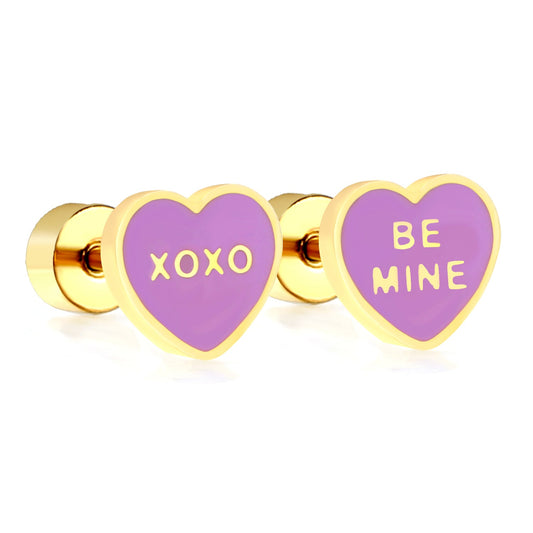 Screw plug 0.8*8mm pin 7*6.3mm heart with purple oil drop earrings gold color