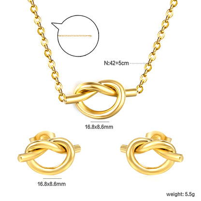 ✨ Dainty Knot Stud Earrings & Necklace Set Wholesale 8.6mm Gold Jewelry | Adjustable 42+5cm Thin Chain | Stainless Steel Bulk