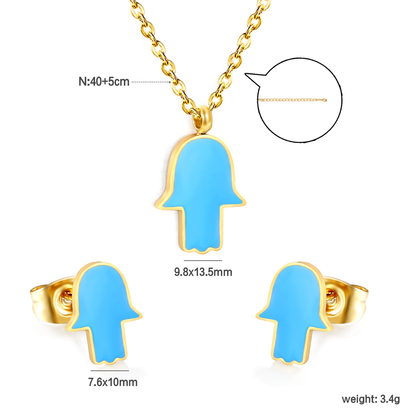 8.7x10.8mm Gold Stud Earrings + 10.7x13.6mm Pendant Set - 0.3mm Cross Chain (40+5cm) & 6mm Tag - Stainless Steel Wholesale Jewelry