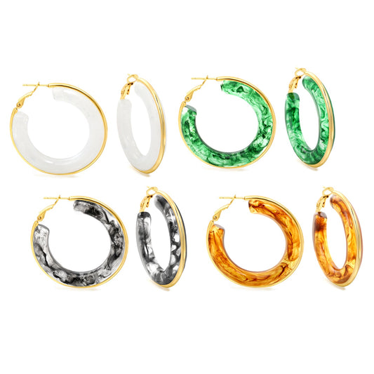 Round with White & Black & Green & Coffee Resin Loop Earrings 6.1*41.5mm