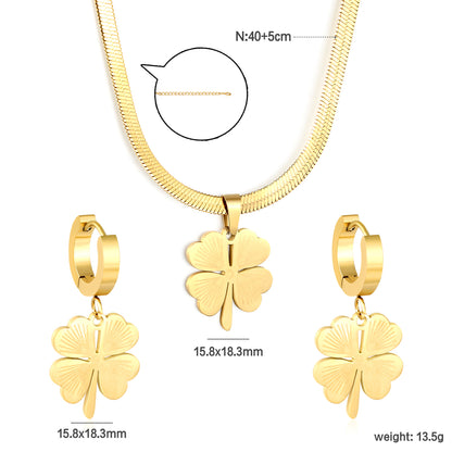 Wholesale Stainless Steel Clover Jewelry Set - Gold Earrings & Pendant (15.8x18.3mm) with 3.2mm Chain 40+5cm