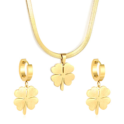 Wholesale Stainless Steel Clover Jewelry Set - Gold Earrings & Pendant (15.8x18.3mm) with 3.2mm Chain 40+5cm