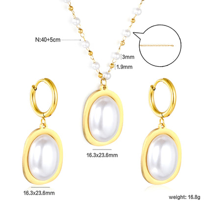 Wholesale Stainless Steel Pearl Jewelry Set - Gold Earrings & Pendant (16.3x23.6mm) with 3mm Pearls & 40+5cm Chain
