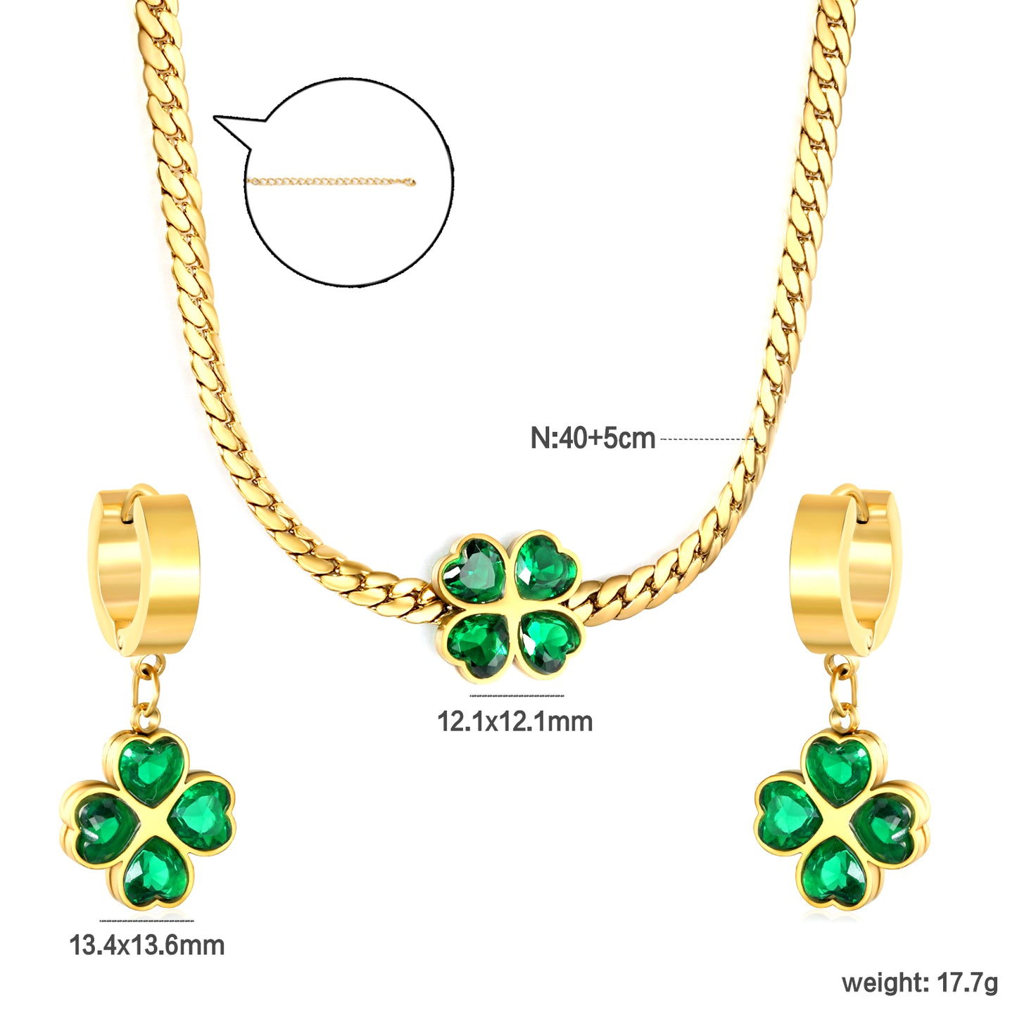Wholesale Stainless Steel Clover Zircon Jewelry Set - Gold Earrings (13.4x13.6mm) & Pendant (12.1x12.1mm) with 3.8mm Dragon Chain 40+5cm