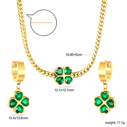 Wholesale Stainless Steel Clover Zircon Jewelry Set - Gold Earrings (13.4x13.6mm) & Pendant (12.1x12.1mm) with 3.8mm Dragon Chain 40+5cm