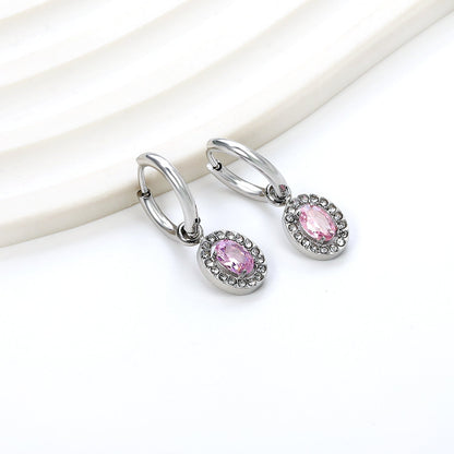 2x14.3mm Circle with Oval White&Red&Pink&Blue&Green Diamonds+White Diamond Hoop Earrings 8.4*10.2mm