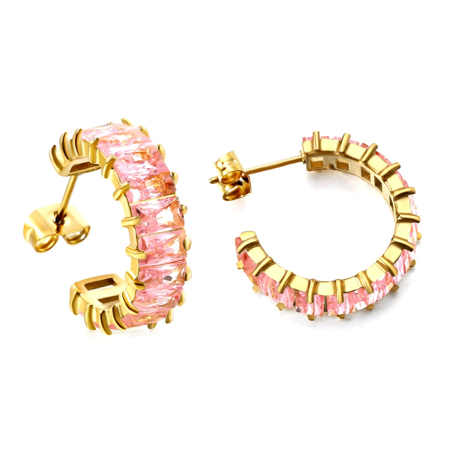 C-Shape with Two Grips Rectangle White/Purple/Green/Orange/Mixed/Pink Zirconium Earrings 6.8*21mm Steel Color/Golden Color