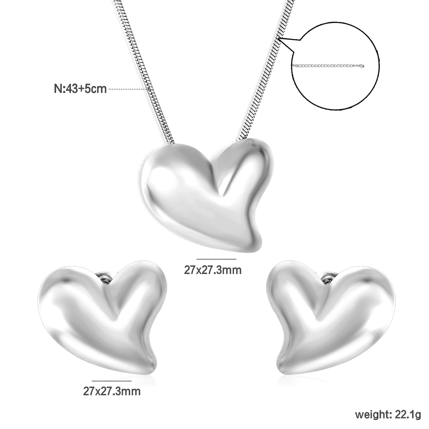 ✨ Jumbo Heart Jewelry Set (27x27.3mm) Wholesale Stainless Steel Earrings + Pendant | Heavy 1.6mm Chain 43+5cm | 3 Color Options