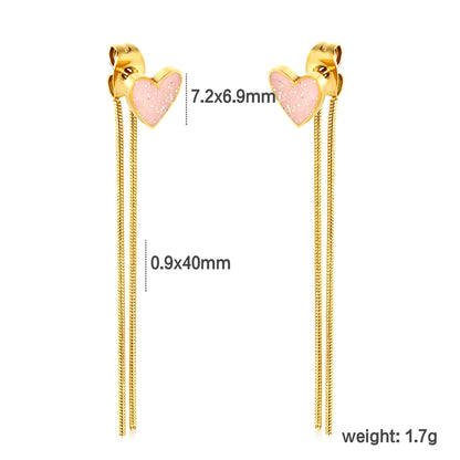 ✨ Trendy Tassel Heart Earrings Wholesale Pink Enamel & Gold Chain | Lightweight 1.7g | Hypoallergenic Ear Jewelry