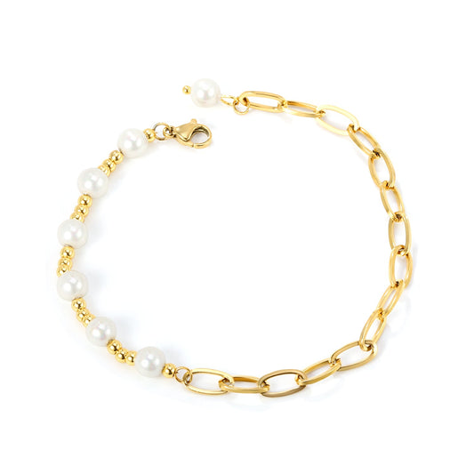 3mm*17pcs steel beads+6mm*7pcs white pearls+12cm cross matching chain bracelet 22cm