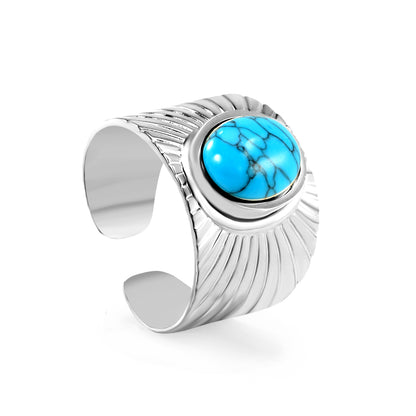 Stainless Steel Blue Turquoise Open Rings in Steel Color - 14.2mm Height, Wholesale Offer