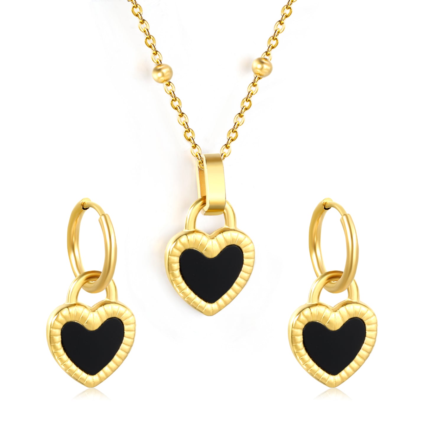 ✨ Wholesale Black Shell Heart Earrings & Pendant Set 13.9x18.1mm | 47+5cm Chain | Stainless Steel Jewelry Bulk Order