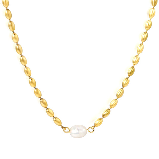 Wheat bead chain with 6.3*8mm*1 oval white pearl necklace 41+5cm