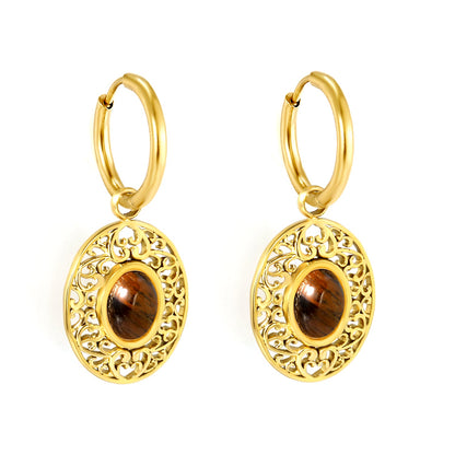 2*12mm I.D. earrings + 15.3*18.7mm oval pattern face band imitation white pearl/pinkstone/tiger's eye stone accessories Earrings Gold color