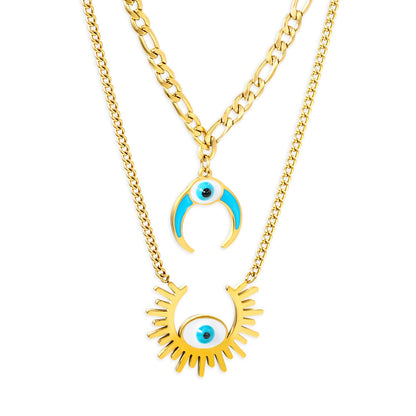 26.5mm Open Sun with White Eyes Accessory + 16mm Inverted C with Blue Drip Oil + White Eyes Accessory Double Chain Necklace 45+40+5cm