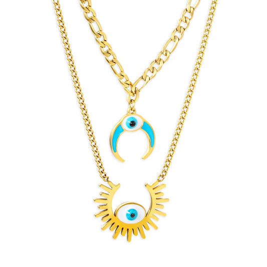 26.5mm Open Sun with White Eyes Accessory + 16mm Inverted C with Blue Drip Oil + White Eyes Accessory Double Chain Necklace 45+40+5cm