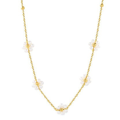 Wholesale 3mm*11 steel beads+5 flowers with white pearl pendant necklace 40+5cm