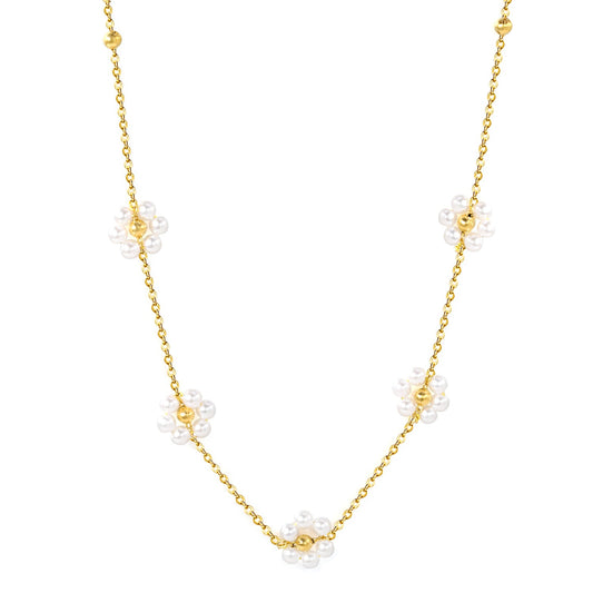 Wholesale 3mm*11 steel beads+5 flowers with white pearl pendant necklace 40+5cm