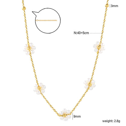 Wholesale 3mm*11 steel beads+5 flowers with white pearl pendant necklace 40+5cm