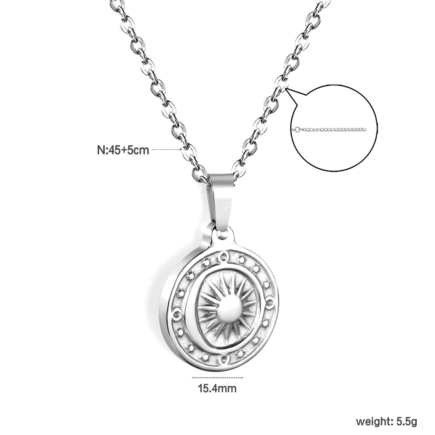✨ Wholesale Sun Moon Star Compass Pendant Necklace - 15.4mm Stainless Steel w/ 45+5cm Chain (5.5g)
